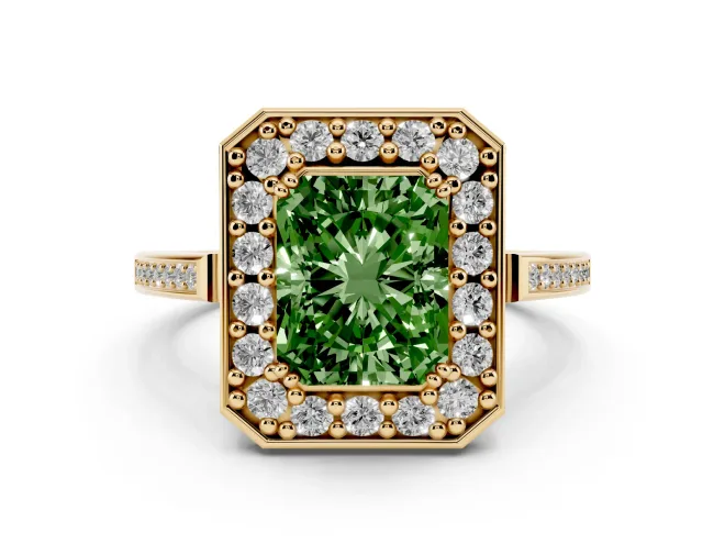 Radiant Cut Halo Engagement Ring Setting for a Fancy Green Lab-Grown Diamond | Polished Halo Rim | Yellow Gold