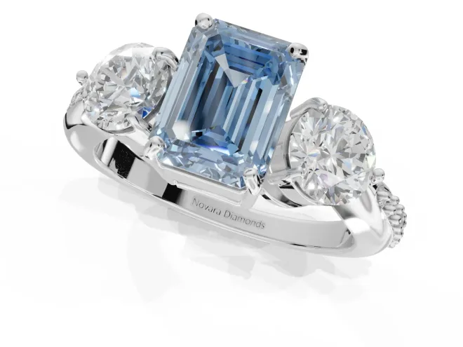 Emerald Cut Three Stone Engagement Ring Setting for a Fancy Blue Lab-Grown Diamond | Tapered Pave Band | Sterling Silver – second view