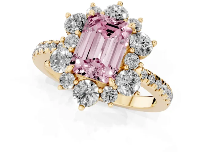 Fancy Pink Emerald Cut Diamond Floral Halo Ring Set in Yellow gold with Round Pavé Band and Prong Setting – second view