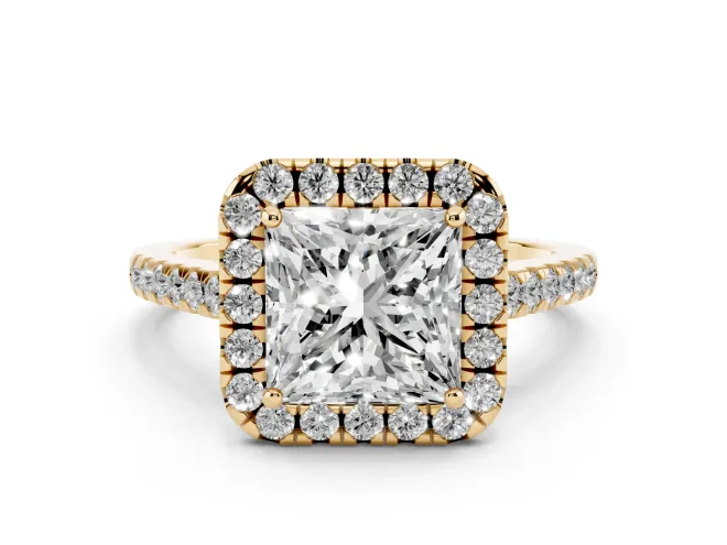 Princess Cut Diamond Pavé Halo Engagement Ring Set in Yellow gold with Pavé Band and Prong Setting