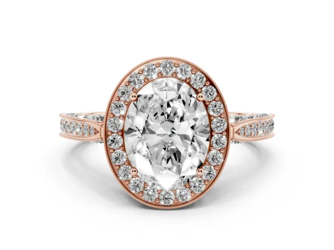 Oval Vintage Milgrain Halo Engagement Ring Setting | Side Stones and Pavé | Rose Gold