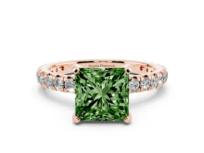 Fancy Green Princess Cut Diamond Pavé Solitaire Ring Set in Rose gold with Round Band and Prong Setting