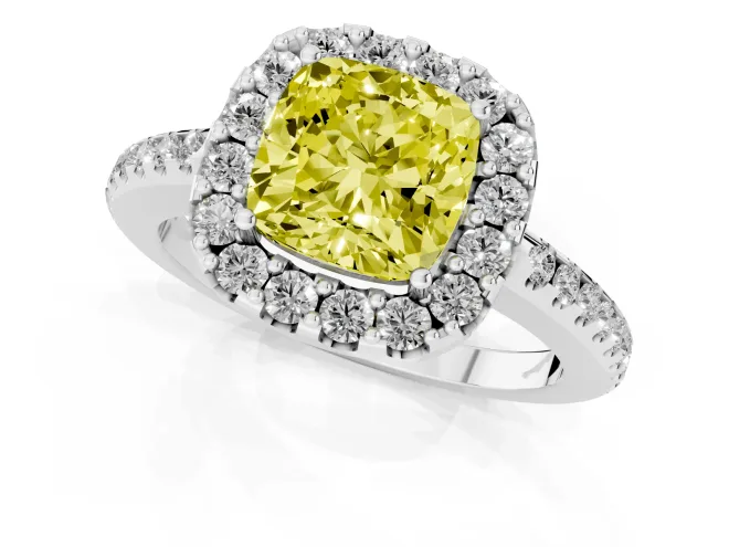 Fancy Yellow Cushion Cut Diamond Pavé Halo Ring Set in Platinum with Prong Setting – second view