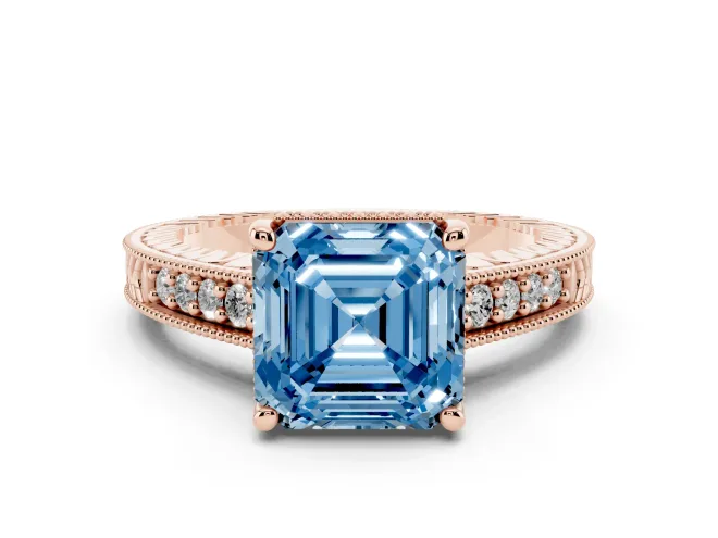 Asscher Cut Engraved Engagement Ring Setting for a Fancy Blue Lab-Grown Diamond | Rose Gold