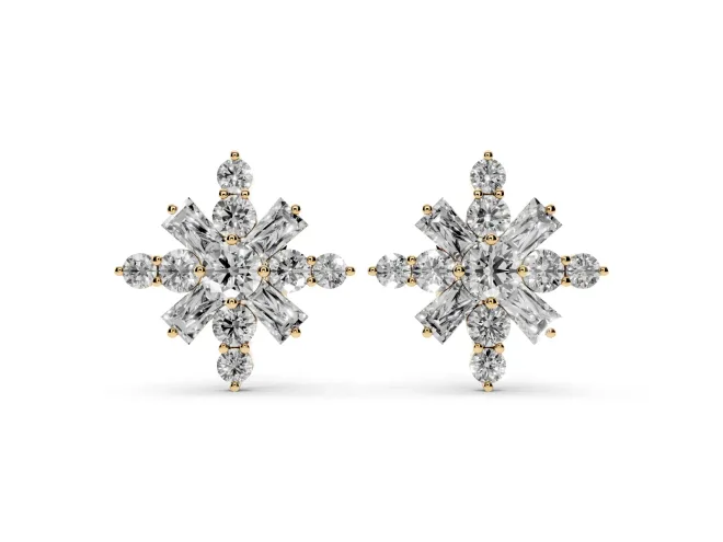 Round Lab-Grown Diamond Snowflake Cluster Stud Earrings | Tapered Baguette Points | Yellow Gold