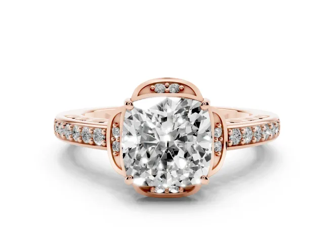 Cushion Cut Diamond Halo Ring Set in Rose gold with Channel Set Band and Prong Setting