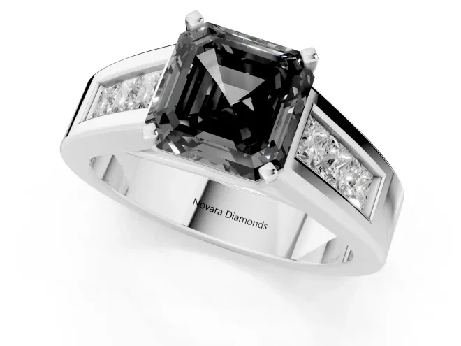 Fancy Black Asscher Cut Diamond Solitaire Ring Set in Silver with Channel-Set Accent Stones and Prong Setting – second view