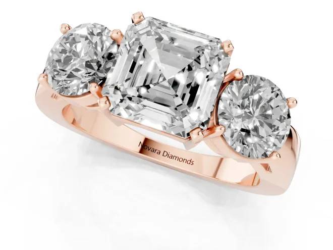 Asscher Cut Diamond Three-Stone Ring Set in Rose gold with Round Side Stones and Classic Band – second view