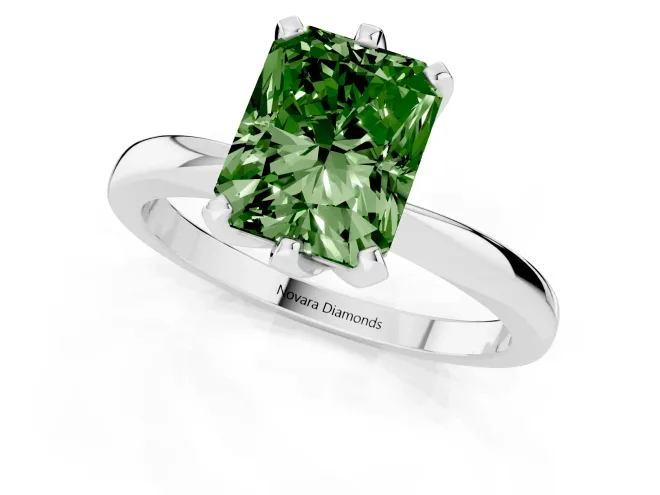 Fancy Green Radiant Cut Diamond Solitaire Engagement Ring Set in White gold with Slim Tapered Solitaire Band – second view