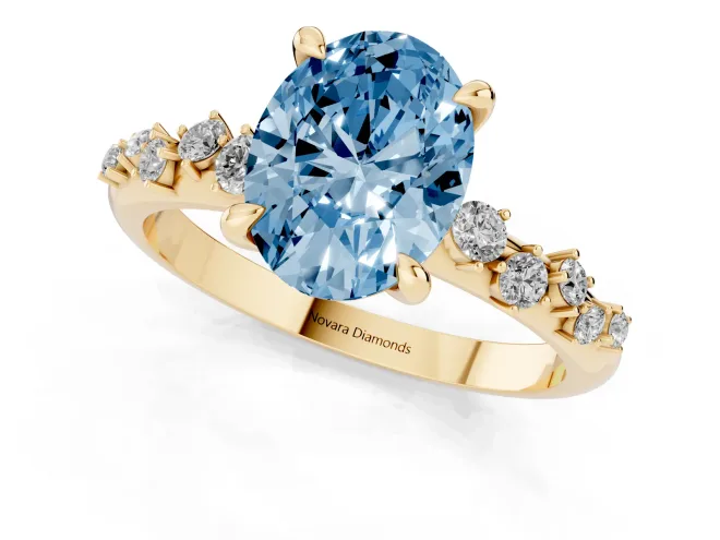 Fancy Blue Oval Cut Diamond Solitaire Vine Band Ring Set in Yellow gold with Round Accents and Prong Setting – second view