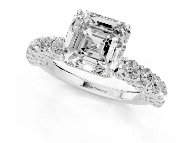 Asscher Cut Diamond Solitaire Ring Set in White gold with Shared Prong Pavé Band – second view
