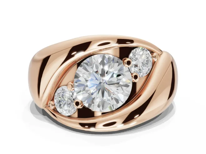Round Three Stone Bypass Engagement Ring Setting | Sculpted Crossover Band | Rose Gold