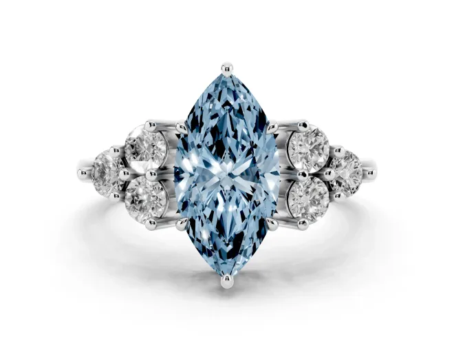 Fancy Blue Marquise Cut Diamond Solitaire Ring Set in Platinum with Cluster Accents on Each Side