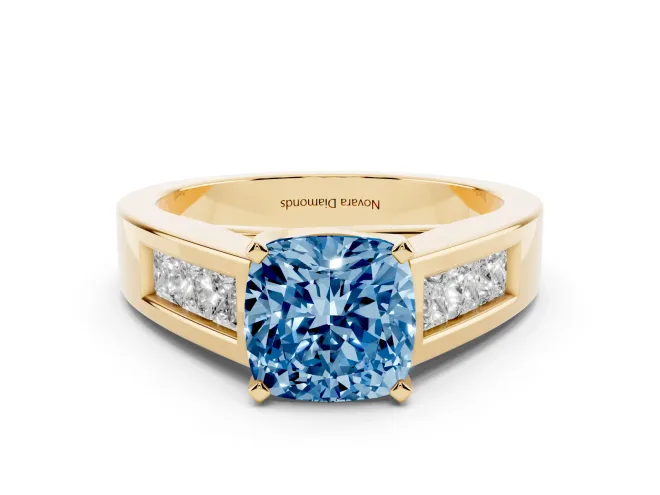 Fancy Blue Cushion Cut Diamond Solitaire Ring Set in Yellow gold with Channel-Set Accent Stones and Prong Setting