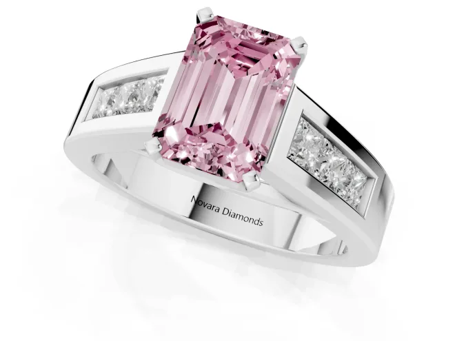 Fancy Pink Emerald Cut Diamond Solitaire Ring Set in Silver with Channel-Set Accent Stones and Prong Setting – second view