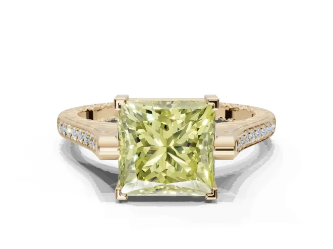 Princess Cut Vintage Cathedral Engagement Ring Setting for a Fancy Yellow Lab-Grown Diamond | Carved Band | Yellow Gold