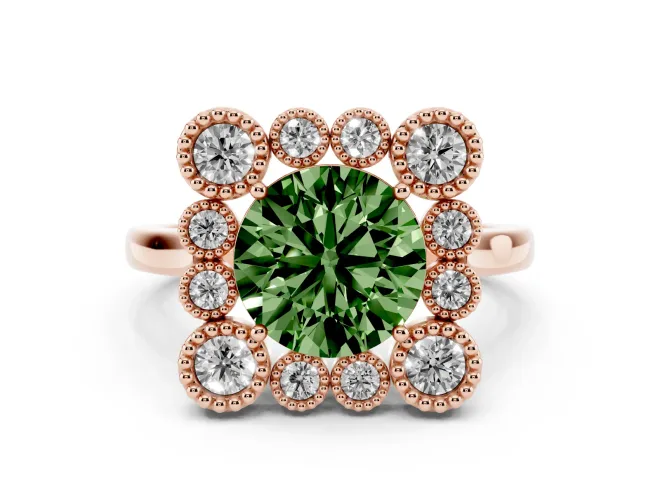 Round Milgrain Cluster Halo Engagement Ring Setting for a Fancy Green Lab-Grown Diamond | Plain Band | Rose Gold