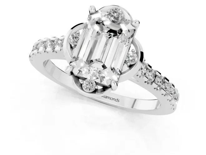 Emerald Cut Diamond Solitaire Ring Set in White gold with Pavé Band and Floral Prong Setting – second view