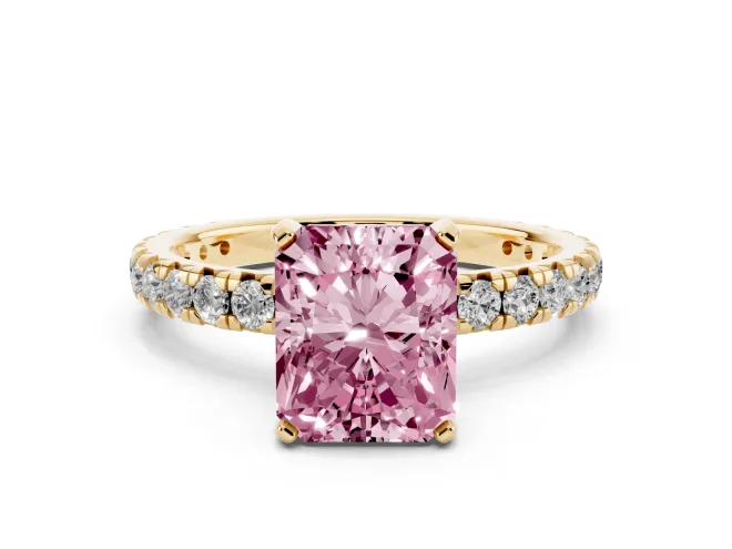 Fancy Pink Radiant Cut Diamond Pavé Solitaire Ring Set in Yellow gold with Round Band and Prong Setting