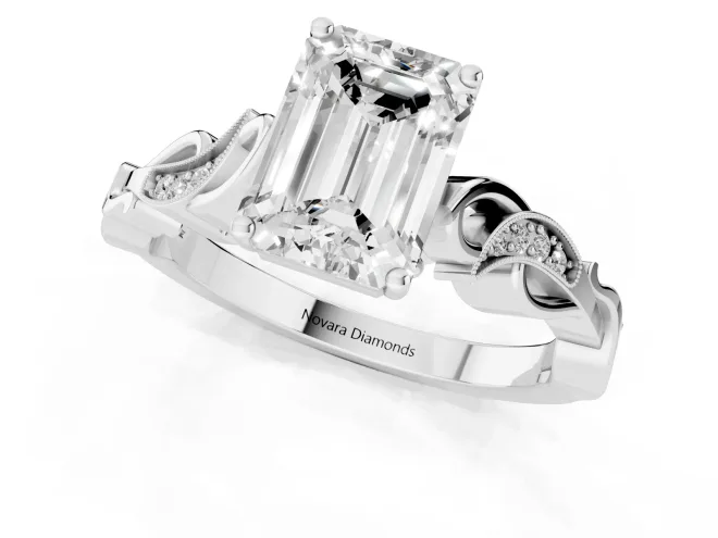 Emerald Cut Diamond Vine Band Solitaire Ring Set in Platinum with Milgrain Prong Setting – second view