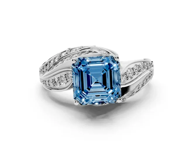 Fancy Blue Asscher Cut Diamond Solitaire Ring Set in Silver with Layered Twist Pavé Band