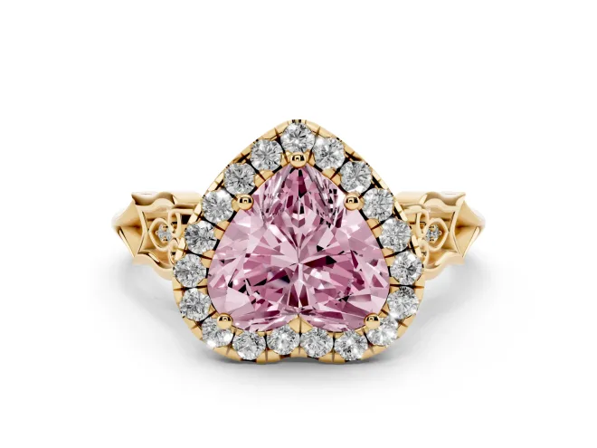 Heart-Shaped Halo Engagement Ring Setting for a Fancy Pink Lab-Grown Diamond | Filigree Shoulders | Yellow Gold