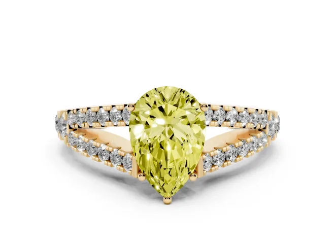 Fancy Yellow Pear Cut Diamond Split Shank Pavé Engagement Ring Set in Yellow gold with Prong-Held Center Stone