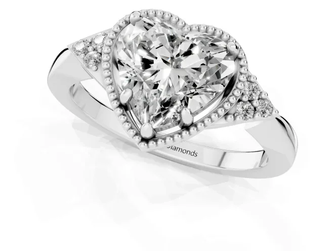 Heart Cut Diamond Milgrain Solitaire Ring Set in Silver with Tapered Pavé Band and Prong Setting – second view
