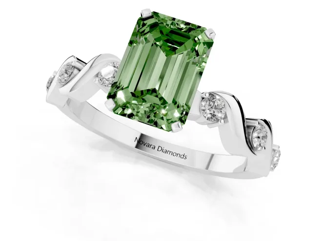 Fancy Green Emerald Cut Diamond Solitaire Ring Set in White gold with Ribbon Twist Band, Round Accents and Prong Setting – second view