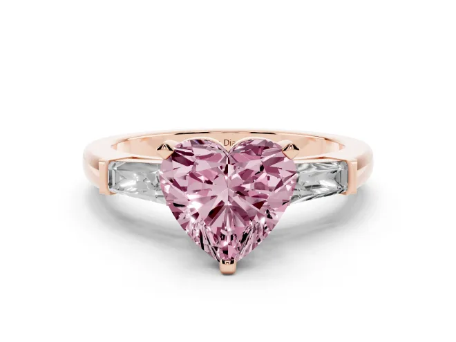 Heart-Shaped Three Stone Engagement Ring Setting for a Fancy Pink Lab-Grown Diamond | Tapered Baguettes | Rose Gold