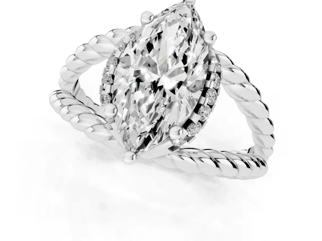 Marquise Cut Diamond Halo Ring Set in Platinum with Twisted Band and Prong Setting – second view