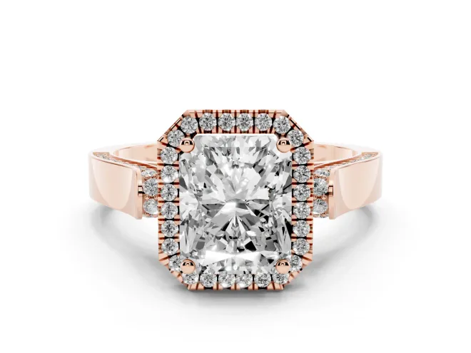 Radiant Cut Halo Engagement Ring Setting | Pavé Panel Shoulders | Rose Gold