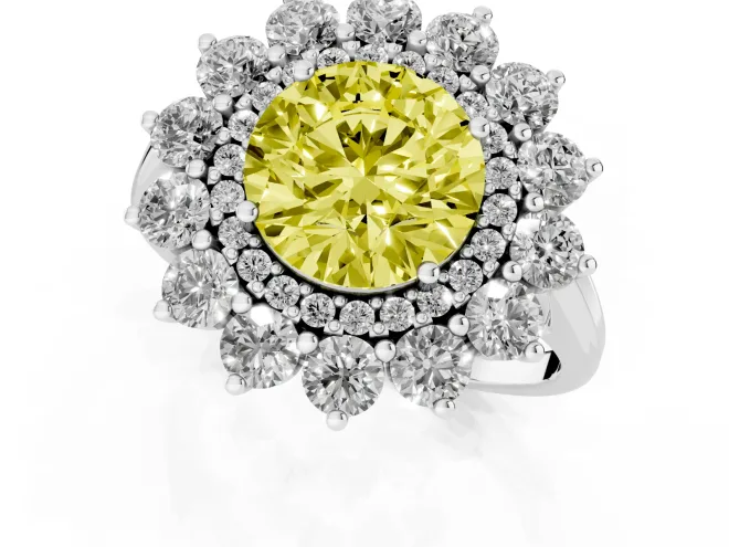 Fancy Yellow Round Cut Diamond Floral Double Halo Ring Set in White gold with Round Petals – second view