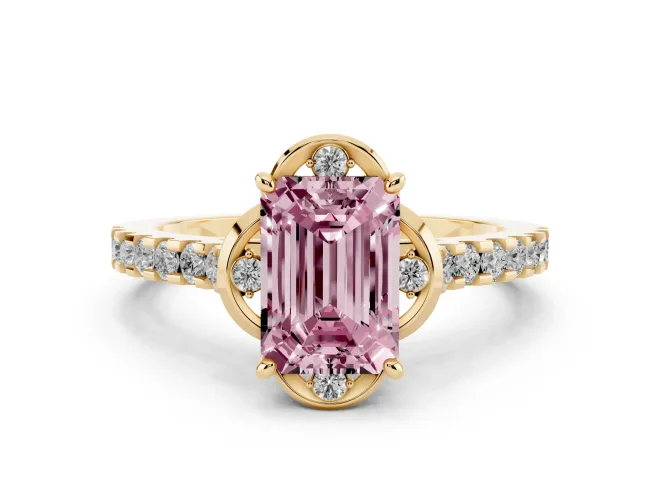 Fancy Pink Emerald Cut Diamond Solitaire Ring Set in Yellow gold with Pavé Band and Floral Prong Setting