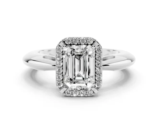 Emerald Cut Diamond Halo Engagement Ring Set in White gold with Plain Split Shank and Prong Setting