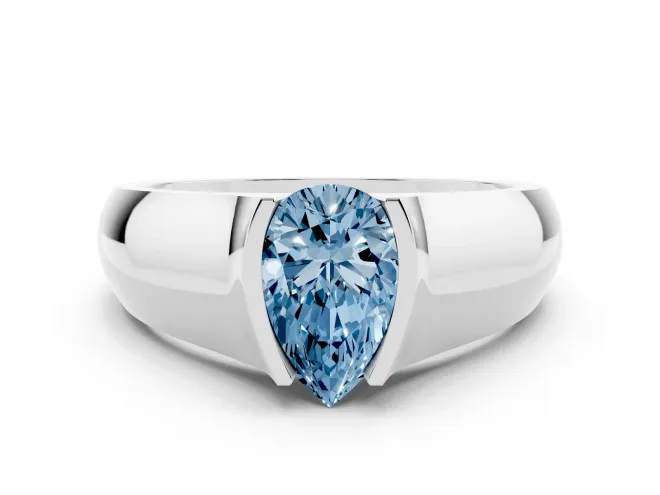 Fancy Blue Pear Cut Diamond Bezel Solitaire Ring Set in White gold with Wide Band