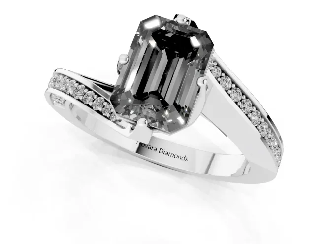 Fancy Black Emerald Cut Diamond Solitaire Ring Set in Silver with Intertwined Pavé Twist Band – second view