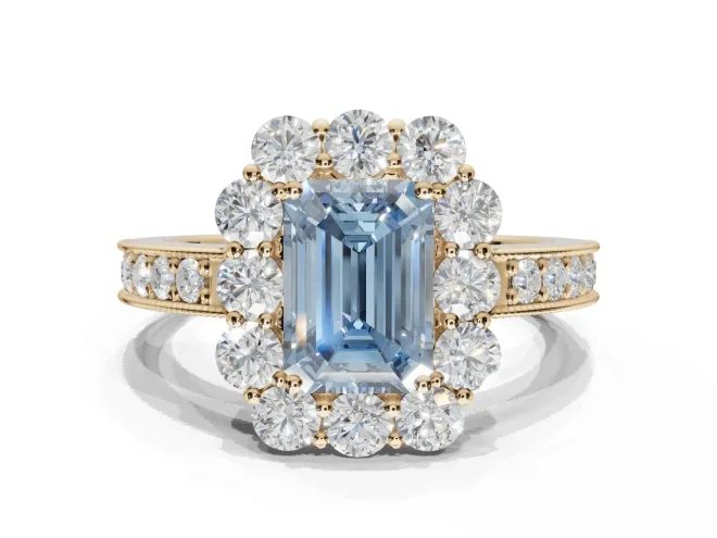 Emerald Cut Vintage Halo Engagement Ring Setting for a Fancy Blue Lab-Grown Diamond | Yellow Gold