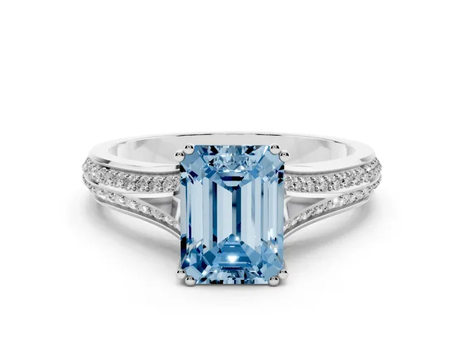 Emerald Cut Split Shank Engagement Ring Setting for a Fancy Blue Lab-Grown Diamond | Pavé Band | Sterling Silver