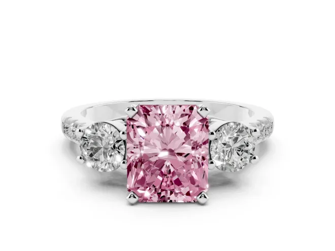 Radiant Cut Three-Stone Engagement Ring Setting for a Fancy Pink Lab-Grown Diamond | White Gold