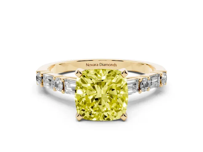 Cushion Cut Baguette Side Stone Engagement Ring Setting for a Fancy Yellow Lab-Grown Diamond | Yellow Gold