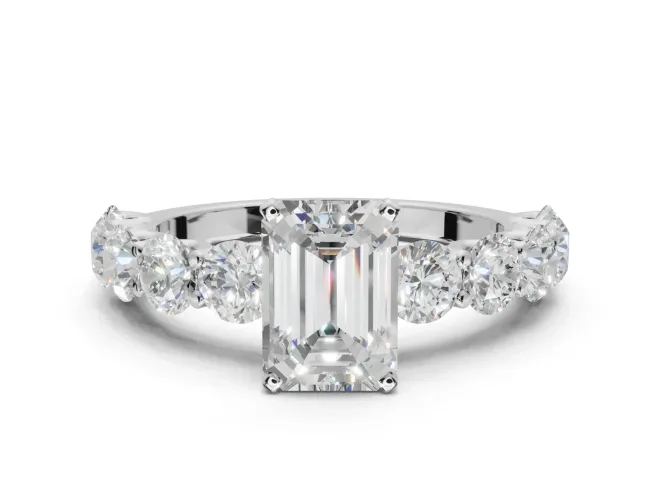 Emerald Cut Side Stone Engagement Ring Setting | Scalloped Prong Accents | Sterling Silver
