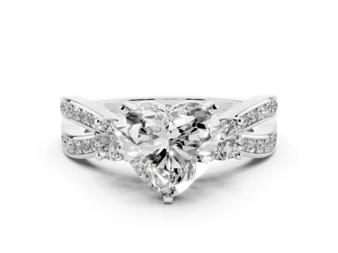 Three-Stone Heart Cut Diamond Twist Band Ring Set in White gold with Pavé Accents and Prong Setting