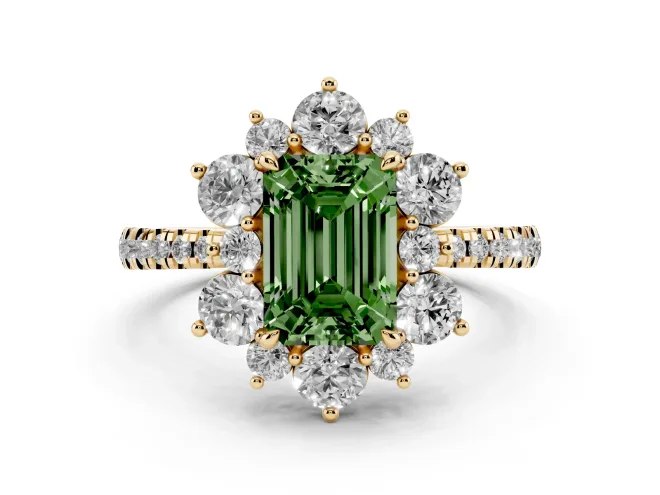 Fancy Green Emerald Cut Diamond Floral Halo Ring Set in Yellow gold with Round Pavé Band and Prong Setting