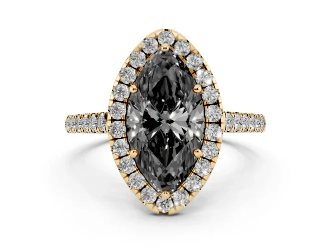 Fancy Black Marquise Cut Diamond Halo Pavé Engagement Ring Set in Yellow gold with Prong Setting