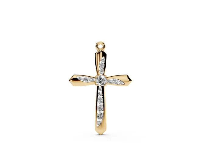 Round Lab-Grown Diamond Pavé Cross Pendant Necklace | Flared Pointed Arms | Yellow Gold