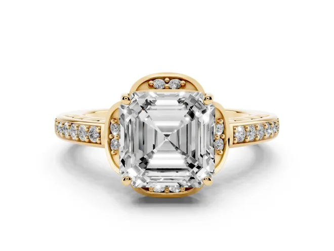 Asscher Cut Floral Pavé Engagement Ring Setting | Petal Accents | Yellow Gold