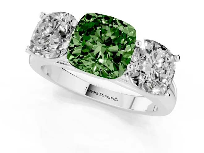 Fancy Green Cushion Cut Diamond Three-Stone Ring Set in Platinum with Plain Polished Band – second view