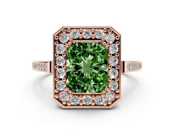 Radiant Cut Halo Engagement Ring Setting for a Fancy Green Lab-Grown Diamond | Polished Halo Rim | Rose Gold