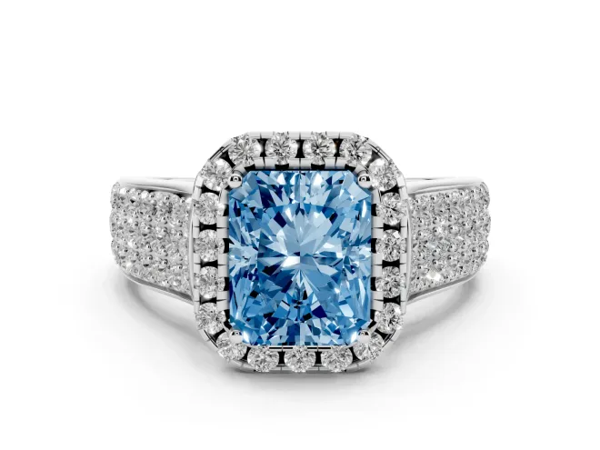 Radiant Cut Pavé Engagement Ring Setting for a Fancy Blue Lab-Grown Diamond | Wide Three-Row Band | White Gold
